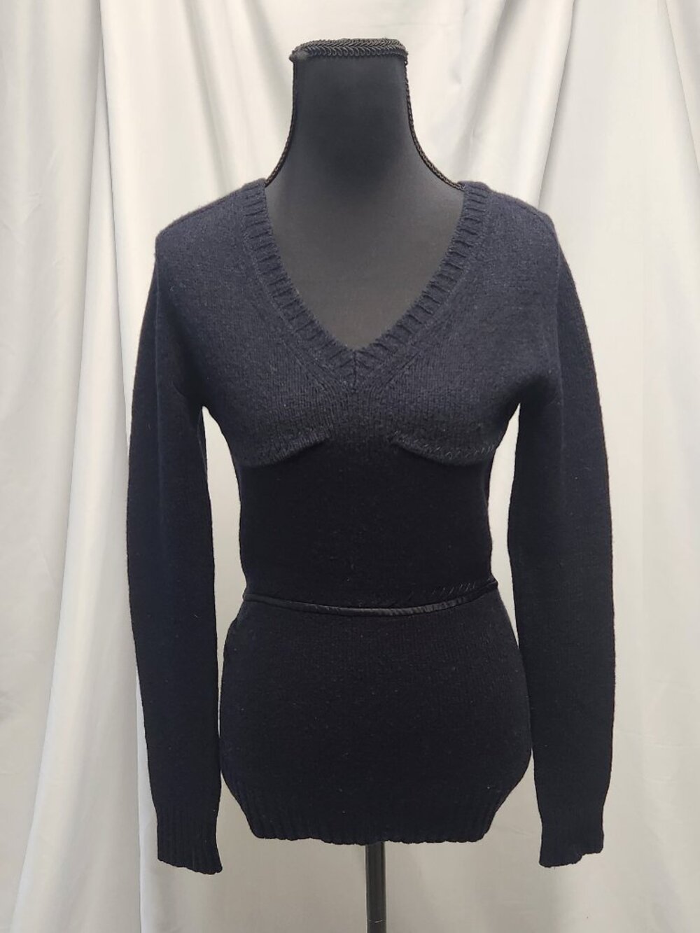 Prada Navy Blue Sculpted V-Neck Knit Sweater Exposed Zip Back IT 42